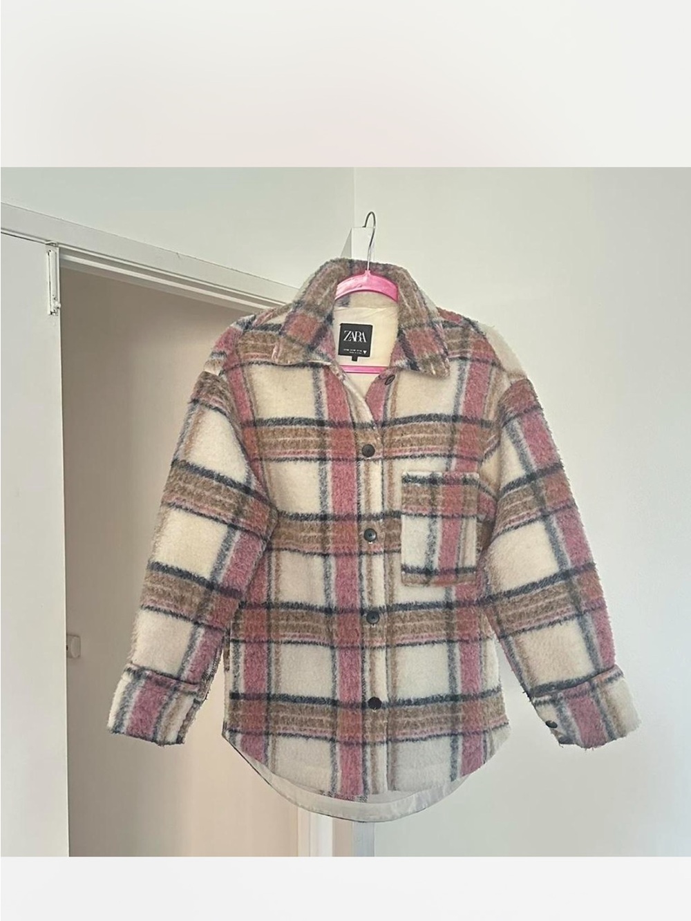ZARA Cream and Pink Plaid Teddy Shacket
